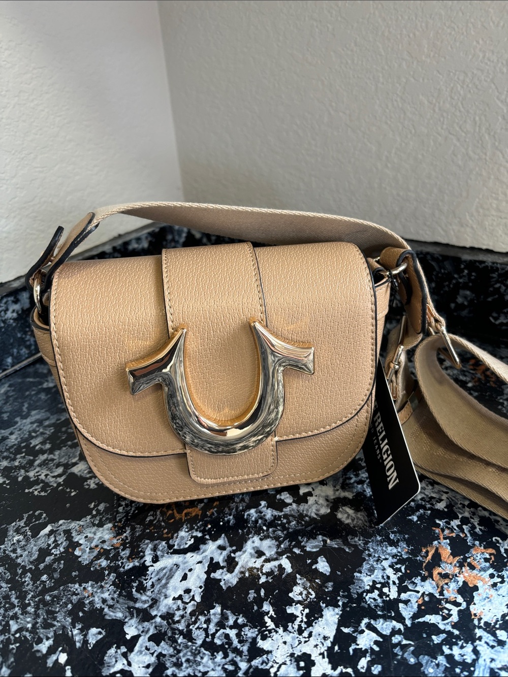 NWT True Religion Beige Crossbody Bag with Silver Horseshoe Accent